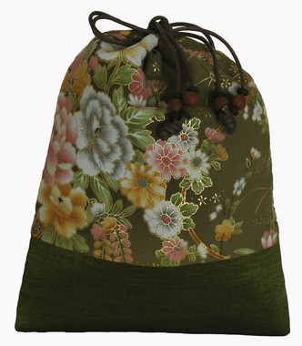 Boon Decor Japanese Silk Print Accessory Bags Silk Bag - Green Floral Print
