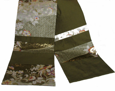 Boon Decor Table Runner Wall Hanging - Reversible Japanese Silk Kimono Print - Olive Green/White 96x14