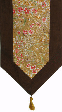 Boon Decor Table Runner or Wall Hanging - Japanese Kimono Silk Print - Brown Gold 74x14