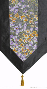 Boon Decor Table Runner - Japanese Kimono Silk Print - Gray Lavender w/ Gold Accents 74x14