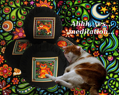 Boon Decor Meditation Cushion Zafu - Celestial Garden Cats Collection - Blue and Rusty