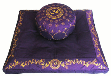 Meditation Cushion Zafu Pillow & Black Zabuton Floor Mat Set Sacred Symbols 