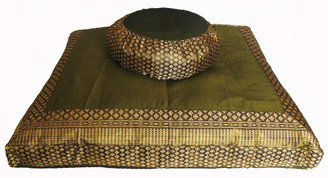 Boon Decor Meditation Cushion Set Buckwheat Zafu Pillow and Zabuton - One of a Kind - Brocade Green