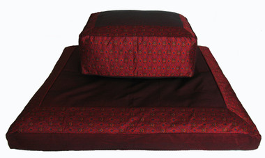 Boon Decor Meditation Cushion Set Rectangular Zafu Zabuton - Burgundy Ikat Print