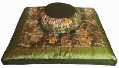 Boon Decor Meditation Cushion Zafu and Zabuton Set - Japanese Kimono Silk - Green