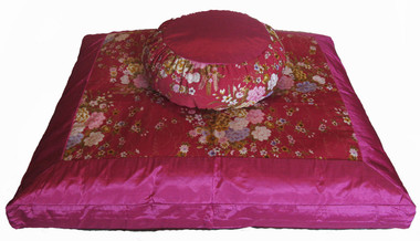 Boon Decor Meditation Cushion Japanese Zafu and Zabuton Set - Kimono Silk Dusky Pink Peony