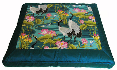 Boon Decor Meditation Cushion Zabuton Floor Mat Cranes in Lotus Garden One-of-a-Kind Teal