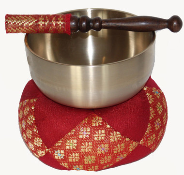 Boon Decor Singing Bowl Set - Spun Brass Rin Gong - 4.2 Diameter Bowl Red Brocade
