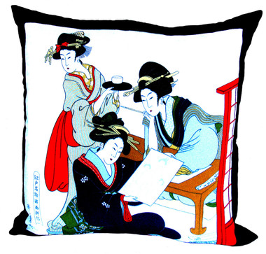 Boon Decor Throw Pillows - Japanese Silk Furoshiki Portrait Tea Party 24x24