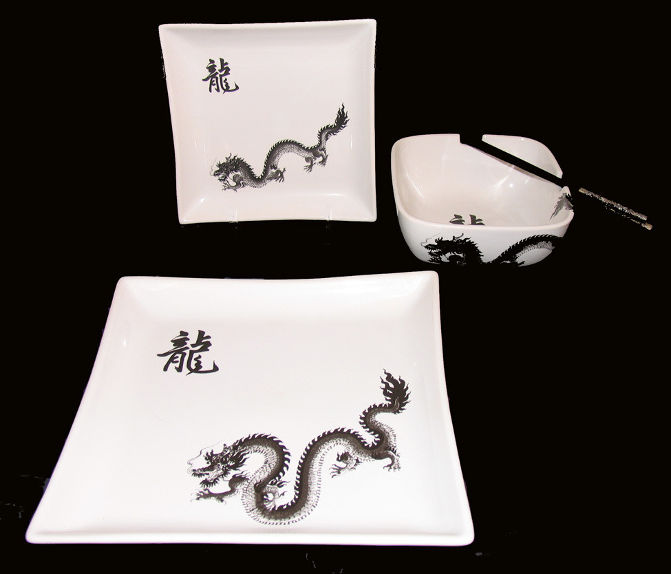 Dragon Stoneware Table Top - Set Of Two Asian Style Dinnerware - Boon Decor