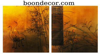 Boon Decor Gold Leaf Painting Hand Painted on Lacquered Wood - Cranes and Dragonflies Set