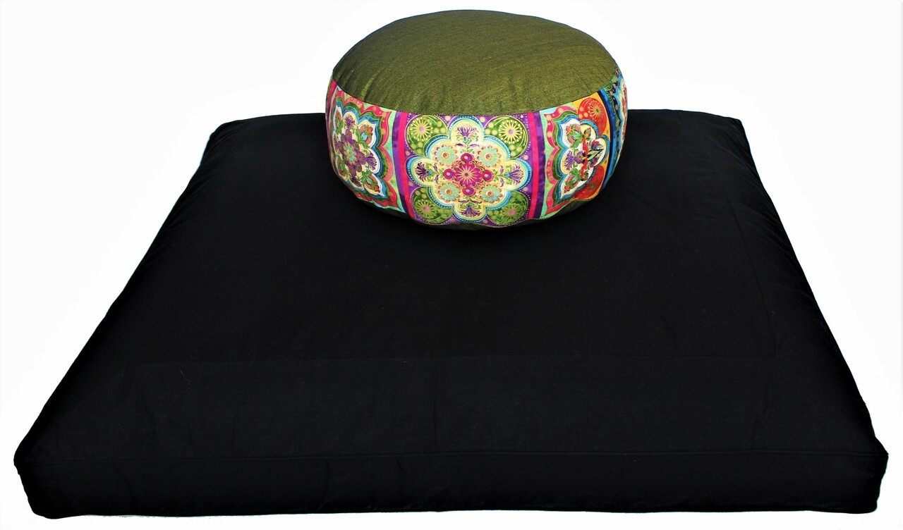 Meditation Cushion Set Zafu & Zabuton Eastern Tile Design "Bliss" Olive