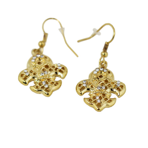 Fleur De Lis Earrings with Crystals Gold