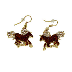 Crystal Horse Dangling Earrings Brown and Gold