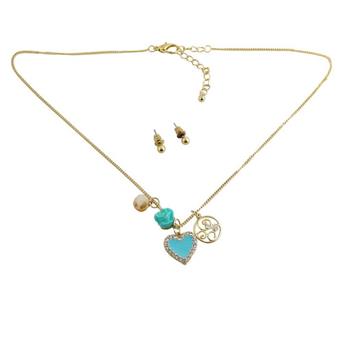 Heart Charm Necklace Earring Set Baby Blue Jeweled