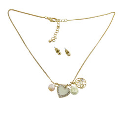 Heart Charm Necklace Earring Set Ivory Jeweled