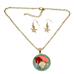 Seashells Necklace Earrings Set Gold Tone Sea Foam Green