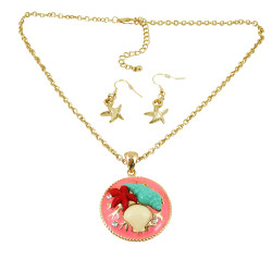 Seashells Necklace Earrings Set Gold Tone Coral
