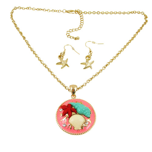 Seashells Necklace Earrings Set Gold Tone Coral
