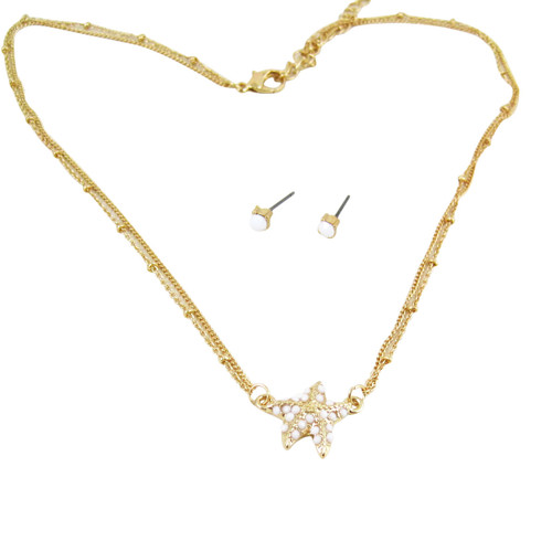 Starfish Double Chain Necklace Earrings Set Pearl White