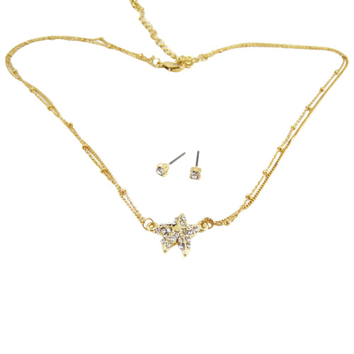 Starfish Double Chain Necklace Earrings Set Crystals