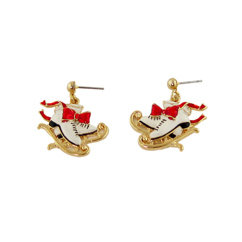 Classic Ice Skates with Flowing Red Ribbon Earrings