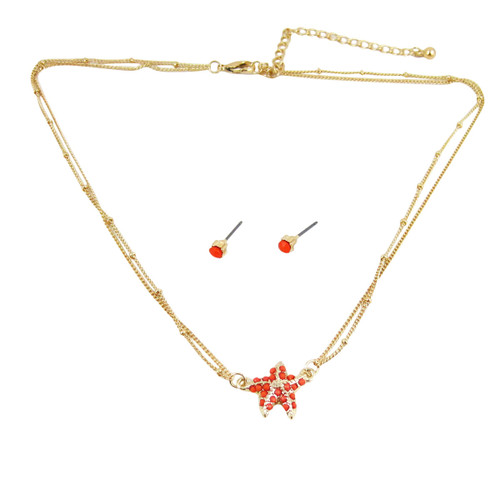 Starfish Double Chain Necklace Earrings Set Coral
