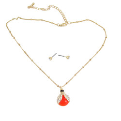 Ladybug Necklace Earrings Set Coral Bejeweled