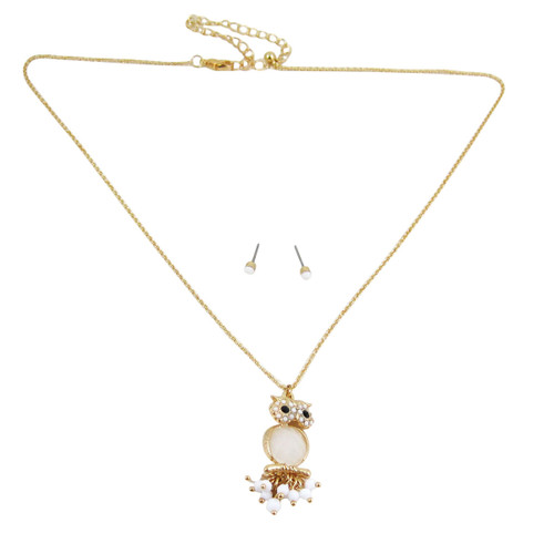 Owl Necklace Earrings Set White