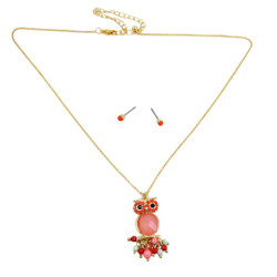 Owl Necklace Earrings Set Coral