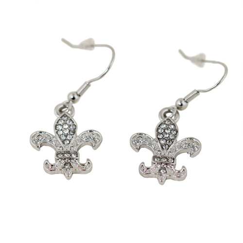 Silver Dangling Crystal Fleur De Lis Earrings