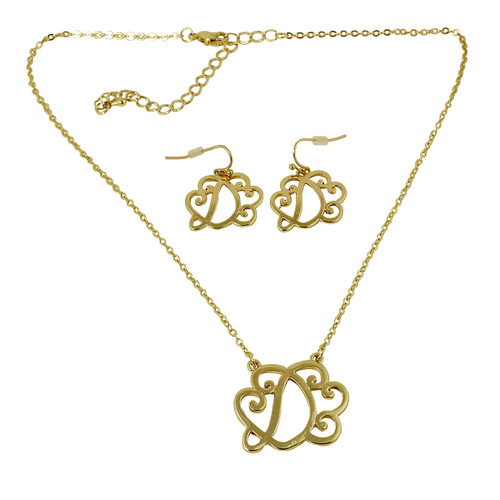 Old Victorian Initial D Necklace and Earrings Set Gold