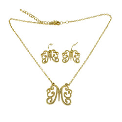 Old Victorian Initial M Necklace and Earrings Set Gold
