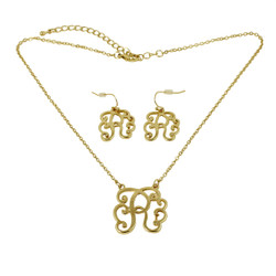 Old Victorian Initial R Necklace and Earrings Set Gold