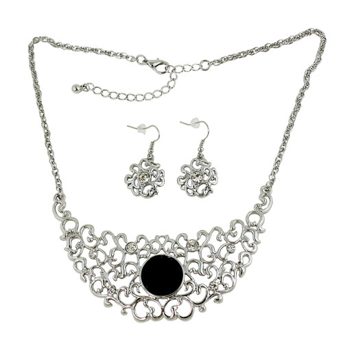 Silver Filigree Crescent Necklace and Earring Set