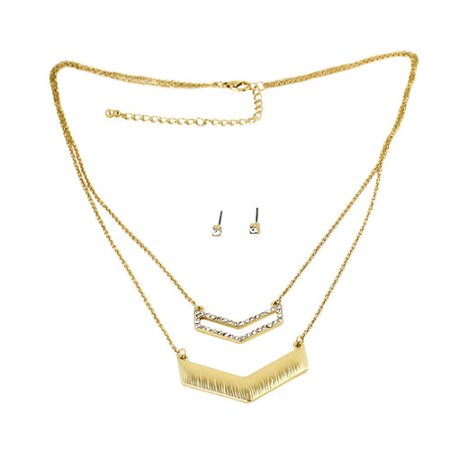 Double Layered Crystal Chevron Necklace and Earrings Gold