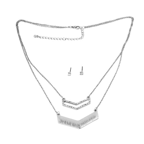 Double Layered Crystal Chevron Necklace and Earrings Silver