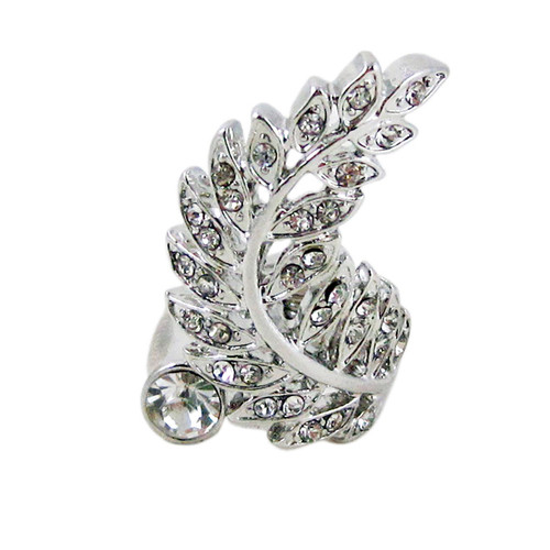 Spiral Feather Ring Bejeweled Silver Tone