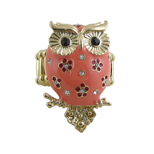 Owl Ring Stretch Band Coral Pink Jeweled
