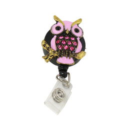 Owl Badge Reel with Crystals Pink