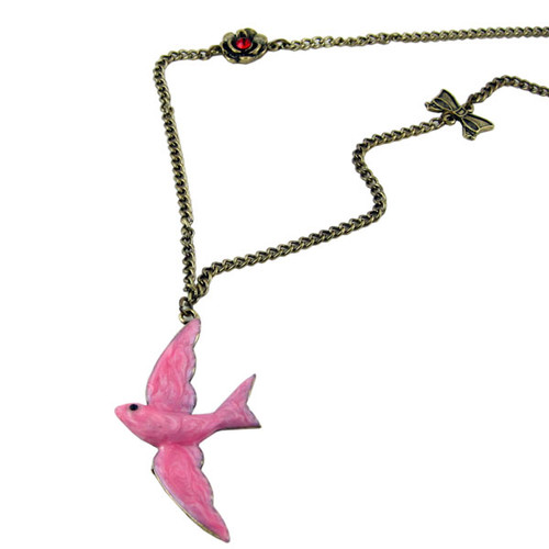 Pink Bird Long Chain Necklace