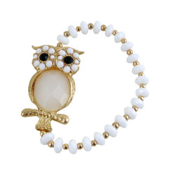 Beaded Stretch Owl Bracelet Gold White