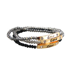 Love Charm Set of Three Stretch Bracelets Black & Silver