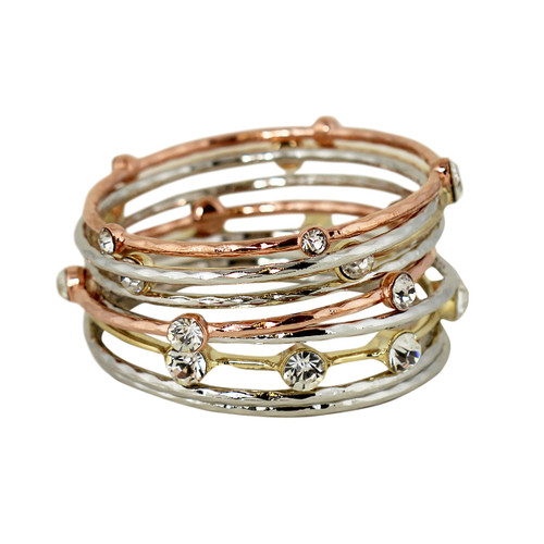 Daring Crystal Embellished Bangles Set of 9 Tri Metal Tone