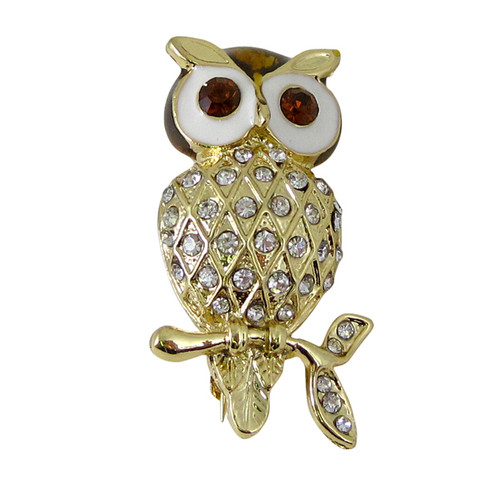 Gold Owl Brooch with Brown Eyes