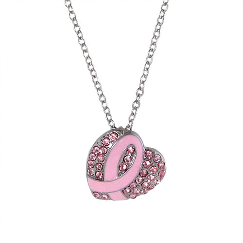 Pink Ribbon Crystal Heart Necklace