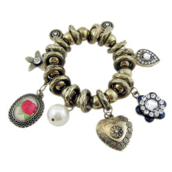 Victorian Stretch Bracelet Flower and Heart Shaped Charms Bronze
