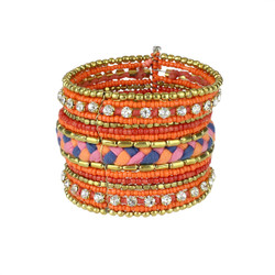 Bohemian Braided and Beaded Wrist Cuff Orange with Crystals