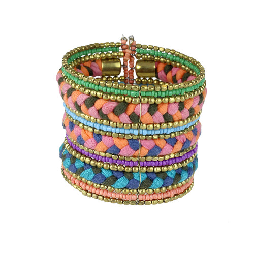 Bohemian Braided and Beaded Wrist Cuff Tripple Braid Pink, Coral, and Purple