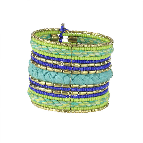 Bohemian Braided and Beaded Wrist Cuff Lime and Teal